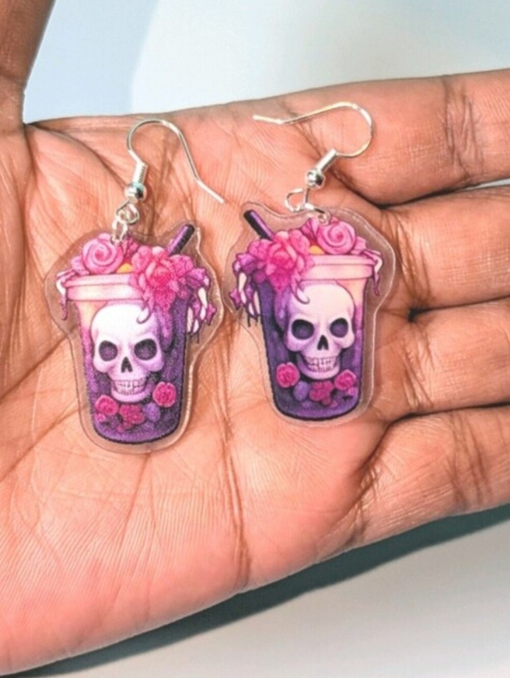 Purple Skull Flower Bubble Tea Dangle Earrings - Women Accessories